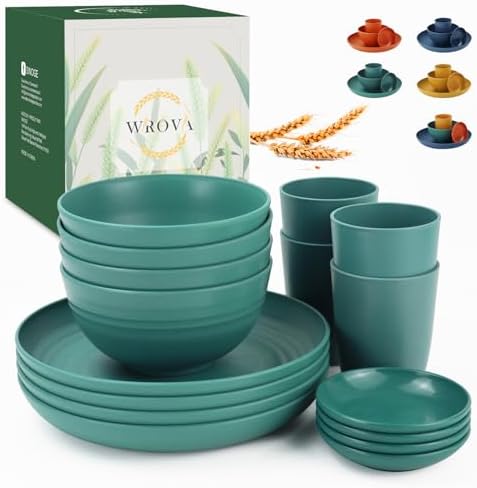 Wrova Wheat straw plates and bowls set of 16 - Unbreakable wheat straw dinnerware sets for kids - Alternative plastic dinnerware set service for 4 - Microwave safe and Dishwasher safe bowls. Green by WROVA