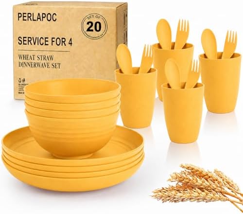 20 Piece Wheat Straw Dinnerware Sets for 4, Unbreakable Dish Set,Reuseable Kids Plates and Bowls Sets for 4, Lightweight Kitchen Dishware Set for Camping, Picnic, and Famliy Meal - Yellow by Perlapoc