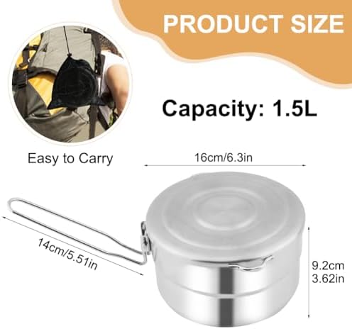 Stainless Steel Camping Cook Pot, 1.5L Camping Cookware with Lid and Folding Handle, Large Capacity Bento Pot for Outdoor Backpacking Campings Hiking Picnic - Image 2