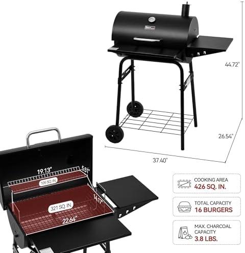 Royal Gourmet CC1624 Barrel Charcoal Grill with Side and Front Shelves - Image 3