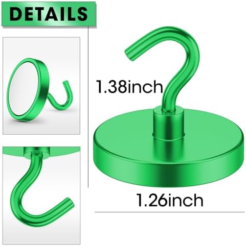 VNDUEEY Magnetic Hooks Heavy Duty, 110 Lbs Super Strong Magnets with Hook for Refrigerator, Cruise Must Haves, Neodymium Magnet Metal Hooks for Classroom, Kitchen, Office (Green, Pack of 10) - Image 5