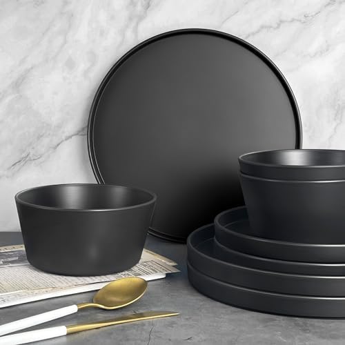 Teivio 24-Piece Kitchen Plastic Coupe Wheat Straw Dinnerware Set, Service for 6, Dinner Plates, Dessert Plate, Cereal Bowls, Cups, Unbreakable Unique Plastic Outdoor Camping RV Dishes, Black - Image 4