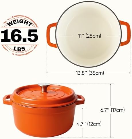 6.5 Quart Dutch Oven Pot with Lid, Non Stick Enameled Cast Iron Dutch Oven for Bread Baking, Heavy-Duty, Oven Safe Ceramic Cookware Up to 500°F for Baking, Braising, Stews, Roasting, Orange - Image 4