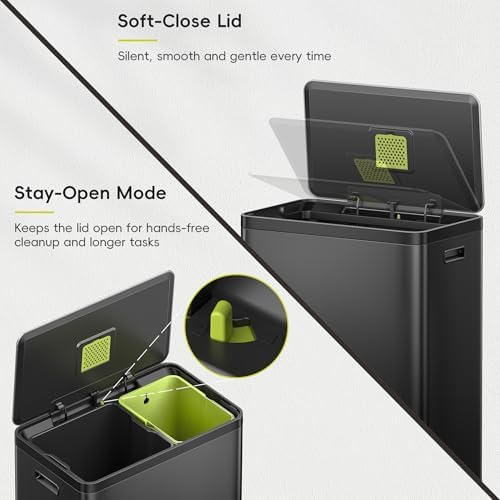 EKO EcoCasa II 36L+24L Dual Trash Can with Recycle Bin, Stainless Steel Garbage Can with Lid, Deodorizer Compartment, Odor-Proof and Fingerprint Resistant, Matte Black - Image 4