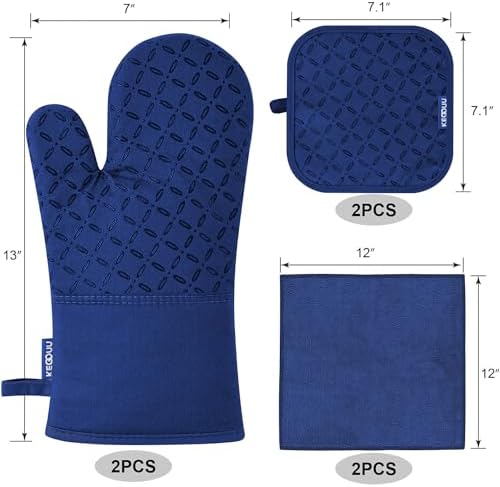 KEGOUU Oven Mitts and Pot Holders 6pcs Set, Kitchen Oven Glove High Heat Resistant 500 Degree Extra Long Oven Mitts and Potholder with Non-Slip Silicone Surface for Cooking(Marine Blue) - Image 2