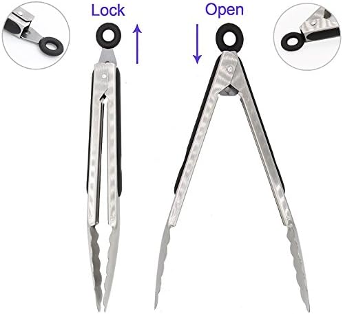 304 Stainless Steel Kitchen Cooking Tongs, 9" and 12" Set of 2 Sturdy Grilling Barbeque Brushed Locking Food Tongs with Ergonomic Grip, Black - Image 3