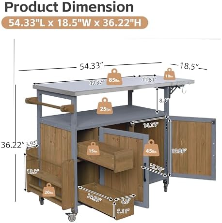 Christopher Knight Home Edsel Outdoor Bar Cart with Stainless Steel Top and Lockable Wheels, Solid Wood Outdoor Storage Cabinet, Kitchen Island Serving Cart for Poolside, Walnut Brown+Blue Gray - Image 6