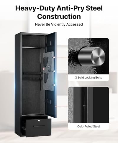 VEVOR 4 Gun Safe, Long Gun Cabinet for Rifles and Pistols, Quick Access Rifle Safe with 2 Ammo Slots, 2 Pistol Pockets & 2 Adjustable Racks, Large Digital Cabinet with Key and Password Lock - Image 5