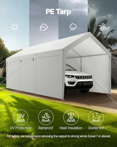 VEVOR Carport, 12 x 20 FT Outdoor Car Canopy, Potable Carport with Removable Sidewalls & Door, Heavy Duty Car Shelter, UV-Resistant & Water-Resistant, All-Season Protection for Automobile Boat White - Image 6
