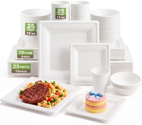 Havawish 100 Pcs Compostable Paper Plates and Bowls Set for 25 Guests, 10in & 8in Heavy Duty Sugarcane Disposable Plates 12 oz Biodegradable Cups and Paper Bowls, Party Camping Picnic(white) by Havawish