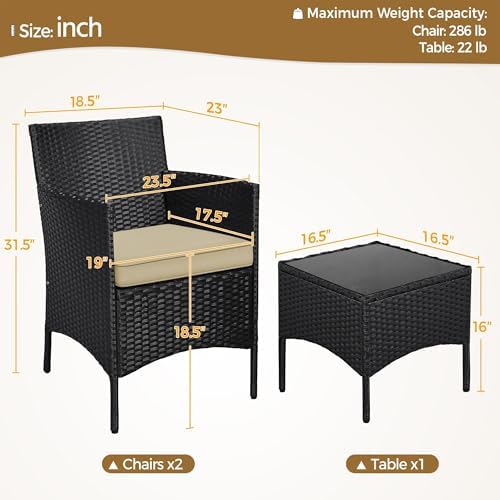 Yaheetech 3 Pieces Patio Conversation Set, Outdoor Rattan Bistro Furniture, 2 Chairs with Cushions & 1 Side Table for Bistro/Porch/Garden/Deck/Courtyard, Black/Khaki - Image 3