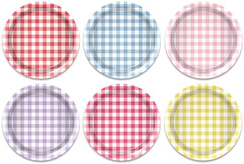 OXYLIPO 48 Pcs Gingham Dessert Paper Plates Set -7 Inch 6 Color Disposable Checkered Tableware | Pastel Round Small Plates for Picnic Wedding Birthday Baby Shower Camping Party Supplies by OXYLIPO
