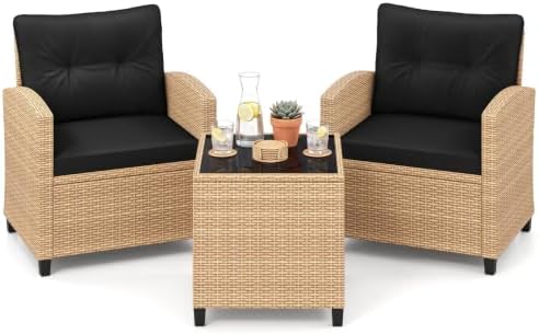 Tangkula 3 Pieces Patio Furniture Set, PE Rattan Wicker 3 Pcs Outdoor Sofa Set w/Washable Cushion and Tempered Glass Tabletop, Conversation Furniture for Garden Poolside Balcony by TANGKULA