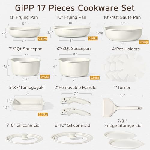 GiPP 17PCS Pots and Pans Set Nonstick Cookware Set with Detachable Handle - Image 3