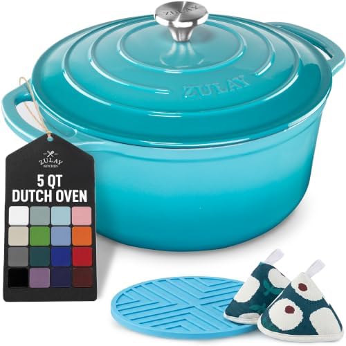 Zulay Kitchen 5 Quart Enameled Cast Iron Dutch Oven Pot with Lid – Premium Durability & Oven Safe up to 500°F – Heavy Duty Cookware Perfect for Bread Baking, Stews, Braising & Roasting – Light Blue by ZulayKitchen
