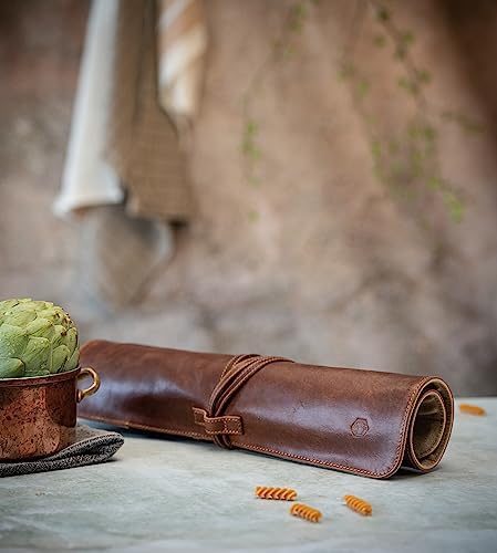 Angus Stoke premium leather Knife Roll Bag - Storage and Protection for Chef Knives, 7 Slots and 1 Zipper Pocket, genuine Buffalo Leather Case Nils (Mahogany) - Image 7
