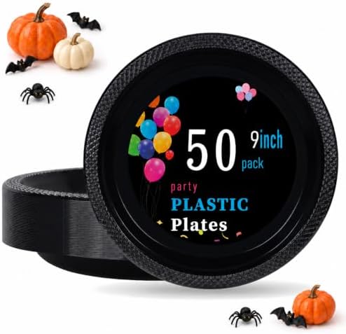 WELLIFE Black Plastic Plates 9 Inch 50 Count Halloween Plates by WELLIFE