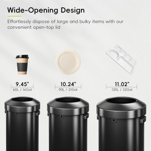EKO Urban 24 Gallon Round Black Stainless Steel Open Top Waste Bin, Tall Commercial Trash Can for Indoor/Outdoor, Extra Large Metal Garbage Bin for Office, Restaurant, Restroom, 90L - Image 6