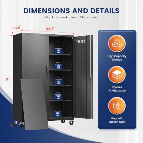 Yizosh Metal Garage Storage Cabinet with Locking Doors and Adjustable Shelves,- 71" Rolling Steel Tool Cabinet for Home Office,Garage,Warehouse - Image 3