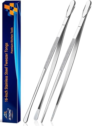 JETKONG 2 Pcs 16-Inch Kitchen Tweezers Extra Long Tweezer Tongs, Heavy Duty Stainless Steel Cooking Tweezers (Silver) by JETKONG