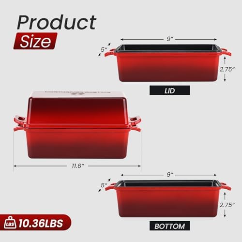 Northriver Casting 9x5 Inch Enameled Cast Iron Bread Loaf Pan with Lid, Perfect Sourdough Baking Pans | Even Heat Distribution for Homemade Bread, Cake, Meatloaf，2 Piece set，Red - Image 2