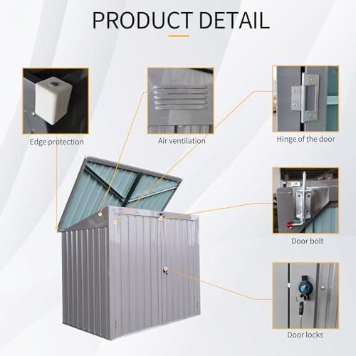62.25 Inch Outdoor Trash Can Storage Shed for 2 Bins, Metal Garbage Bin Enclosure,Waterproof Stainless Galvanized Steel, Outdoor Waste Bin Storage Cabinet for Garden Yard,Light Gray - Image 4