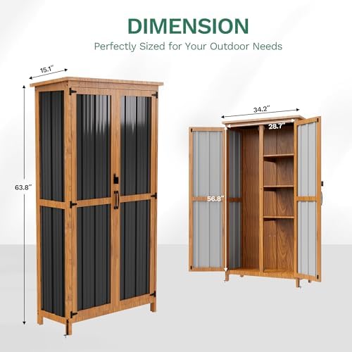 Devoko Metal & Wood Weatherproof Garden Storage Tall Shed with 3 Adjustable Shelves, Lockable Outdoor Patio Cabinet, Waterproof Yard Organizer for Lawn Gear and Garden Tools, Black - Image 2