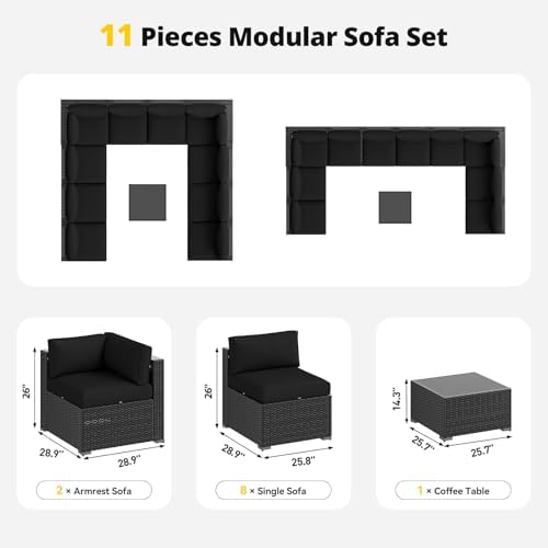 Aoxun Patio Furniture Set, 11 Piece Outdoor Sectional Sofas with Waterproof Cover, 10 Seats Wicker Rattan Outdoor Furniture Patio Conversation Set for Backyard, Garden Black - Image 7
