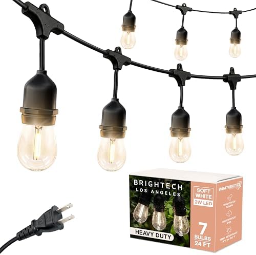 Brightech Ambience Pro - 24 Ft Waterproof LED Outdoor String Lights - Hanging, Dimmable 2w Vintage Edison Bulbs -Commercial Grade Patio Lights Create Cafe Ambience in Your Backyard - 7 Lights, Black by Brightech