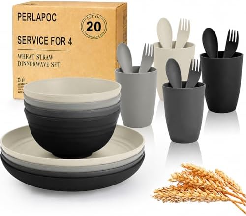 20 PCS Wheat Straw Plates and Bowls Sets,Kids Dishes Dinnerware Sets for 4,Unbreakable Kitchen Plates and Bowls Set for Travel Dishwasher & Microwave Safe Lightweight Dishes Set - BlackGrey by Perlapoc