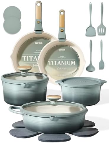 CAROTE 20pcs Titanium Cookware Set, Pots and Pans Set Detachable Handle by CAROTE