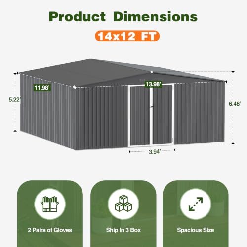 14 x 12 FT Outdoor Storage Shed, Heavy-Duty Galvanized Steel Tool Shed with Reinforced Frame, 2 Magnetic Light, Lockable Double Door & Side Vents for Backyard Large Equipment, Dark Gray - Image 2