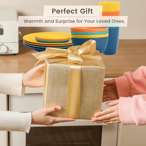 Homienly Dish Set Wheat Straw Dinnerware Sets Unbreakable Reusable Dinnerware Set 16 PCS Cups Plates and Bowls Sets, Microwave and Dishwasher Safe Dishes for Camping, Outdoor - Colorful - Image 7