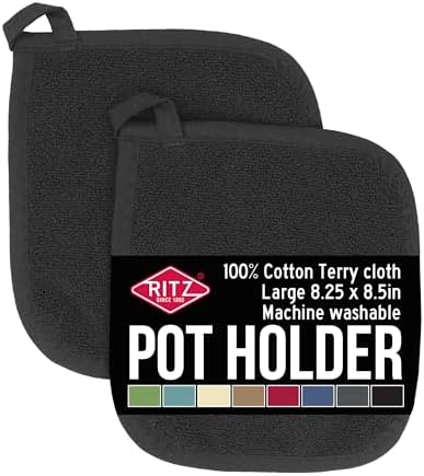 RITZ Terry Potholder & Hot Pad: Unparalleled Heat Resistant, Durable 100% Cotton – Ergonomically Designed for Optimal Grip – Easy-Care Machine Washable – 2-Pack, Black by RITZ