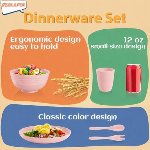Wheat Straw Dinnerware Sets for 4, 20 Piece Unbreakable Kids Dinnerware Set, Toddler Plates and Bowls Sets, Kitchen Plates and Bowls Set, Lightweight Dish Set for Travel Camping Party - Muted Pink - Image 7