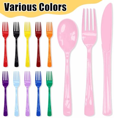 HEIPINIUYE 75 Pack Light Pink Plastic Cutlery Heavy Duty Baby Pink Plastic Knives Forks and Spoons Disposable Silverware Set for 25 Guest Camping Birthday Baby Shower Party Cutlery Set - Image 4