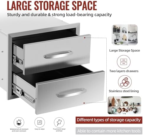 Outdoor Kitchen Drawers Stainless Steel, BBQ Drawer Inserts for Built-in Patio Grill Station, Outdoor Storage Drawer, 18''W x 15''H - Image 4
