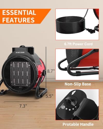 Buyplus Electric Space Heater - Outdoor Heater with Super Long Cord, Overheat Protection, Heaters Heat Up in 2 Seconds, 3 Modes, Small Fan Heater Tent Ceramic Space Heater for Patio, Red - Image 5