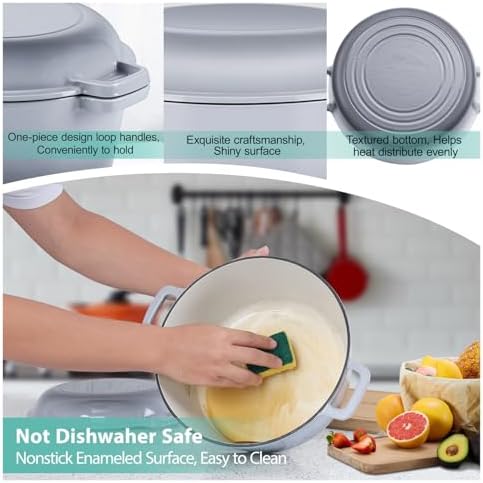 TeamFar 5qt Dutch Oven, Pre-seasoned Cast Iron for Bread Baking, Gray - Image 4