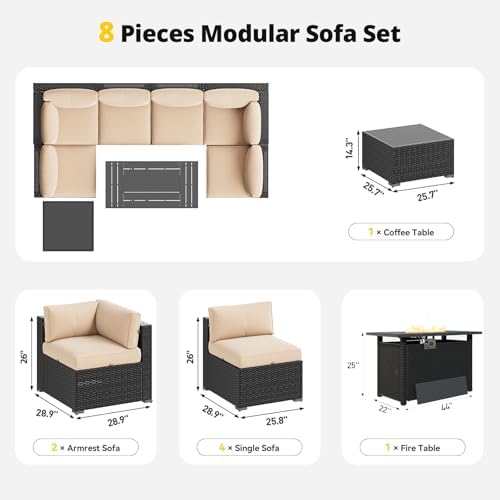 Aoxun Patio Furniture Set with Fire Pit Table, 8 Piece Outdoor Sectional Sofas, Wicker Rattan Outdoor Furniture with Thickened Cushion for Backyard, Garden Beige - Image 7