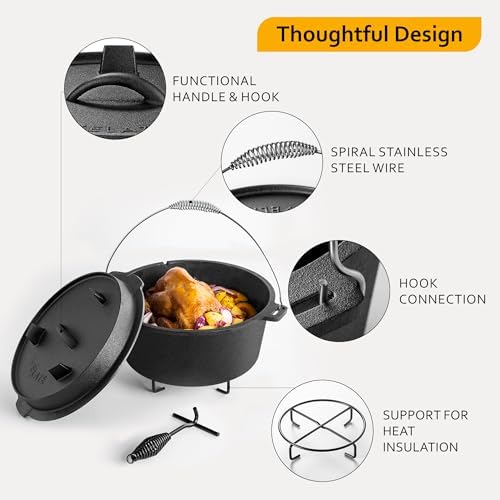 Velaze 10 QT Pre-Seasoned Cast Iron Camping Dutch Oven Pot with Lid - Image 5
