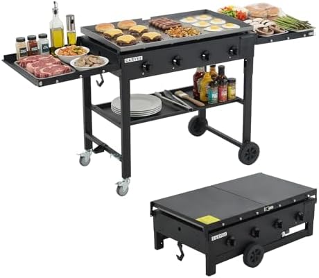 Heavy-Duty 4-Disposable Propane Gas Griddle Grill – 36" Outdoor Flat Top Teppanyaki BBQ with Cast Iron Plate, 60,000 BTU, Collapsible Shelves & Wheels – Patio, Camping, Commercial by LALFPET-Loveallforpets