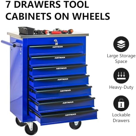 7-Drawer Heavy-Duty Rolling Tool Chest with Wheels & Steel Roof, Lockable Tool Chest Storage Cabinet for Garage, Workshop, Warehouse, and Repair Shop - Image 6