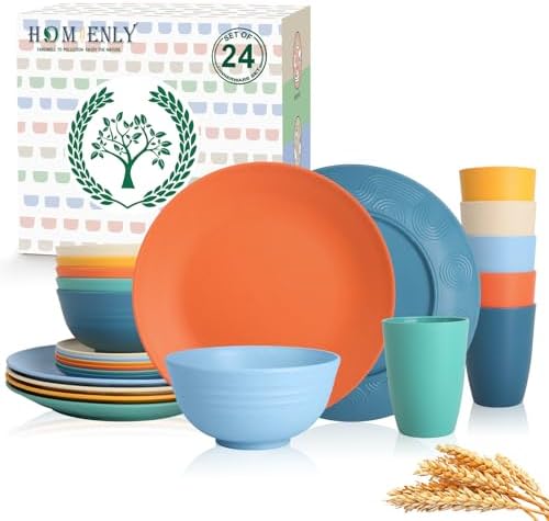 Homienly Unbreakable Wheat Straw Dinnerware Set - Plastic Plates and Bowls Sets Alternative, 24-Piece Dishes Set for Apartment, RV, Party, Microwave and Dishwasher Safe Plates, Bowls, Cups(Multi) by HOMIENLY