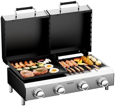 ROVSUN 2-in-1 Propane Gas Grill and Griddle Combo with Lid, 4 Burner Tabletop Flat Top Griddle & Grill with 40000BTU Output, Auto Ignition, Enamel Grate for Outdoor Backyard BBQ Cooking by ROVSUN