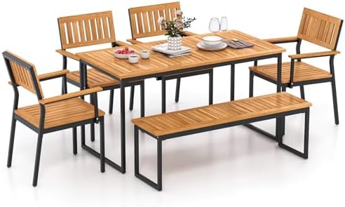 Tangkula 6 Pieces Outdoor Acacia Wood Dining Set, Patio Table and Chairs Set with Bench for 6-7 People, Outdoor Dining Furniture Set with 2" Umbrella Hole for Garden, Backyard and Poolside by TANGKULA