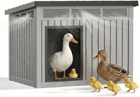 Chicken Coop with Hydraulic Air Rod, Resin Duck Coop with Elevated Floor and Air Vents, Duck House, Backyard Poultry Pet Shelter with Weatherproof Openable Roof, for Chicken, Ducks, Rabbits, Grey by KFY