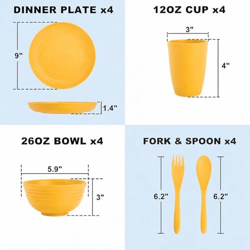 20 Piece Wheat Straw Dinnerware Sets for 4, Unbreakable Dish Set,Reuseable Kids Plates and Bowls Sets for 4, Lightweight Kitchen Dishware Set for Camping, Picnic, and Famliy Meal - Yellow - Image 2