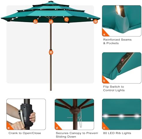 EliteShade USA 10-Year-Non-Fading 10ft 3-Tier Market Patio Umbrella, Commercial Table Umbrella with 80 Solar LED Lights, Crank Open, Windproof & UPF 50+ UV Protection for Garden, Deck, Pool, Backyard, No Tilt, Teal - Image 5