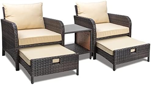 LEVELEVE Balcony Furniture 5 Piece Patio Conversation Set, PE Wicker Rattan Outdoor Lounge Chairs with Soft Cushions 2 Ottoman&Glass Table for Porch, Lawn-Brown Wicker by Enjoyyourlife